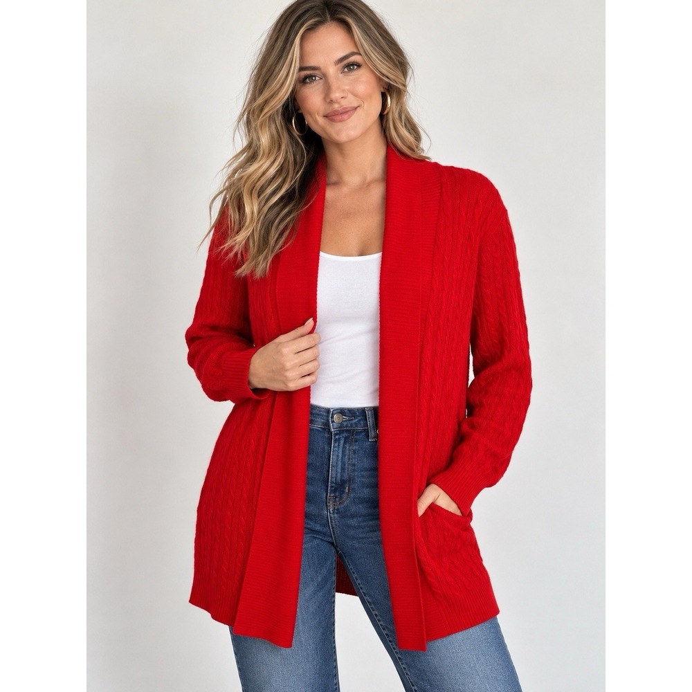 L. L. Bean 100% Cashmere Red Tight Knit Open Front Sweater Cardigan Medium